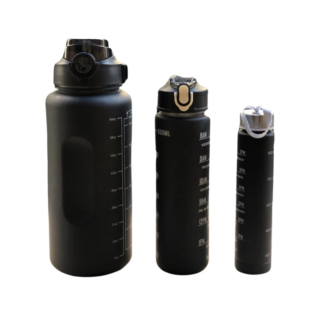 طقم زجاجات مياه بلاستيك 3 قطع، أسود